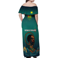 Togo Futuristic Afrocentric Woman Family Matching Off Shoulder Maxi Dress and Hawaiian Shirt with Flag and Stars Design