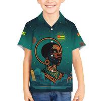 Togo Futuristic Afrocentric Woman Family Matching Off Shoulder Maxi Dress and Hawaiian Shirt with Flag and Stars Design