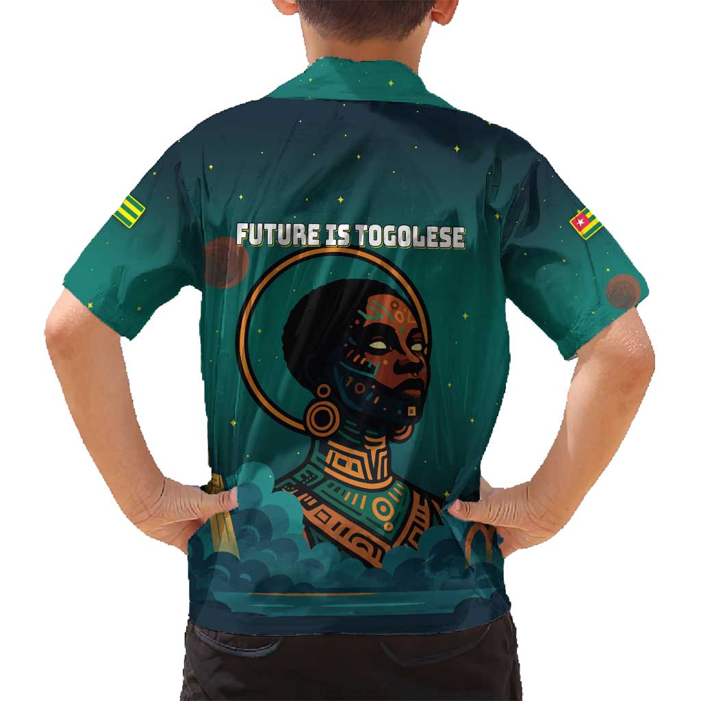 Togo Futuristic Afrocentric Woman Family Matching Off Shoulder Short Dress and Hawaiian Shirt with Flag and Stars Design