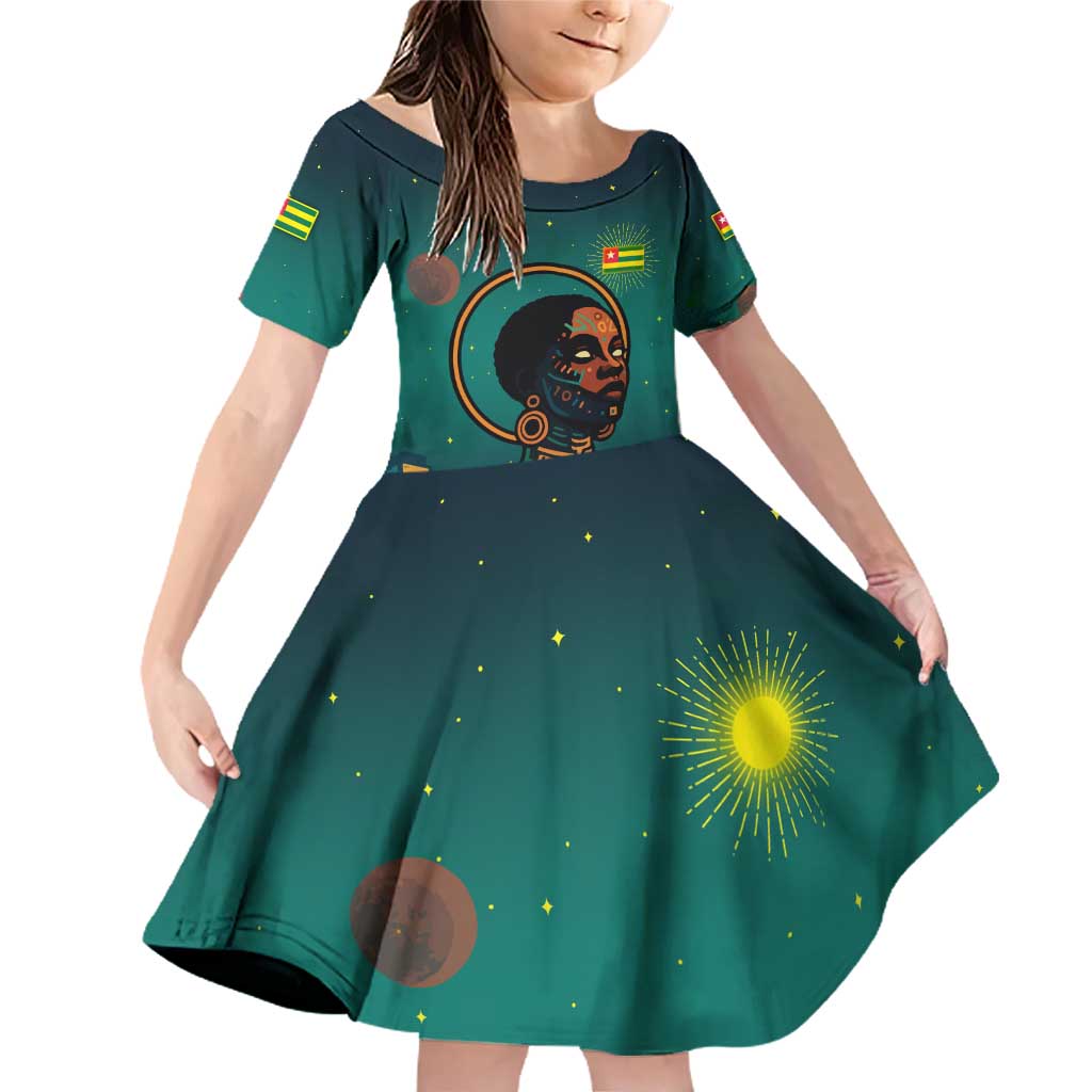 Togo Futuristic Afrocentric Woman Family Matching Off Shoulder Short Dress and Hawaiian Shirt with Flag and Stars Design