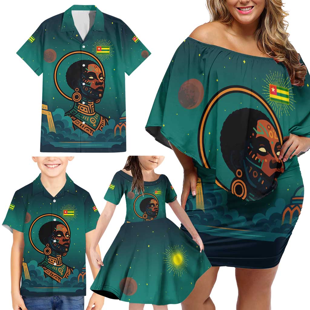 Togo Futuristic Afrocentric Woman Family Matching Off Shoulder Short Dress and Hawaiian Shirt with Flag and Stars Design