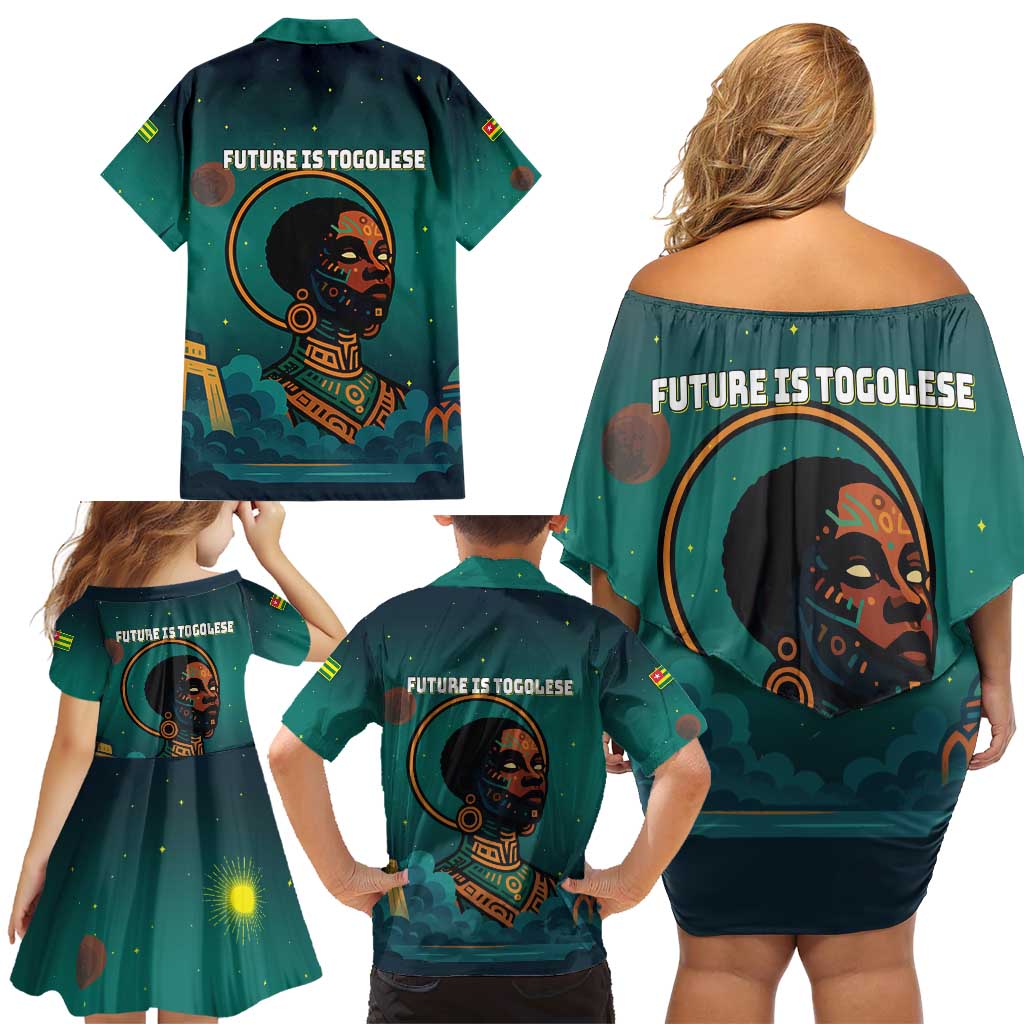 Togo Futuristic Afrocentric Woman Family Matching Off Shoulder Short Dress and Hawaiian Shirt with Flag and Stars Design