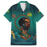 Togo Futuristic Afrocentric Woman Family Matching Off Shoulder Short Dress and Hawaiian Shirt with Flag and Stars Design