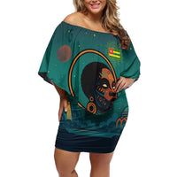 Togo Futuristic Afrocentric Woman Family Matching Off Shoulder Short Dress and Hawaiian Shirt with Flag and Stars Design