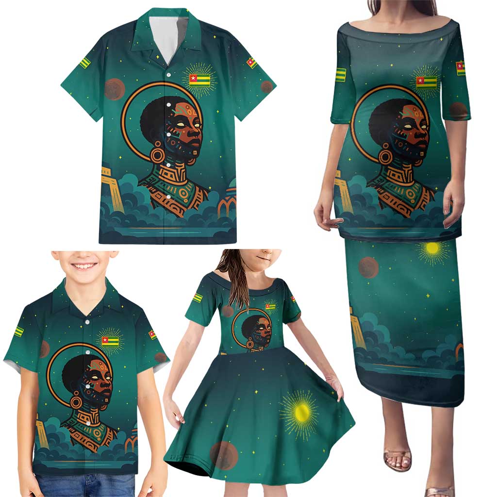 Togo Futuristic Afrocentric Woman Family Matching Puletasi and Hawaiian Shirt with Flag and Stars Design