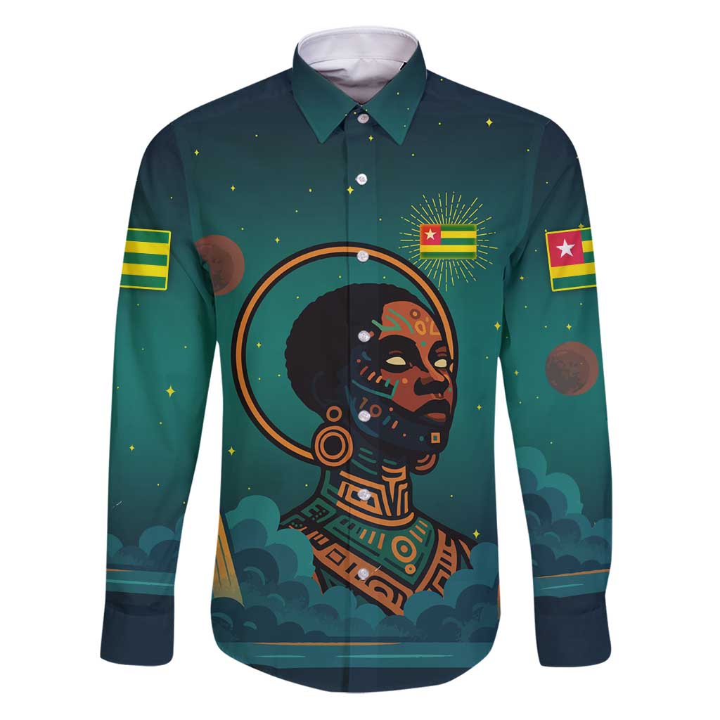 Togo Futuristic Afrocentric Woman Family Matching Puletasi and Hawaiian Shirt with Flag and Stars Design