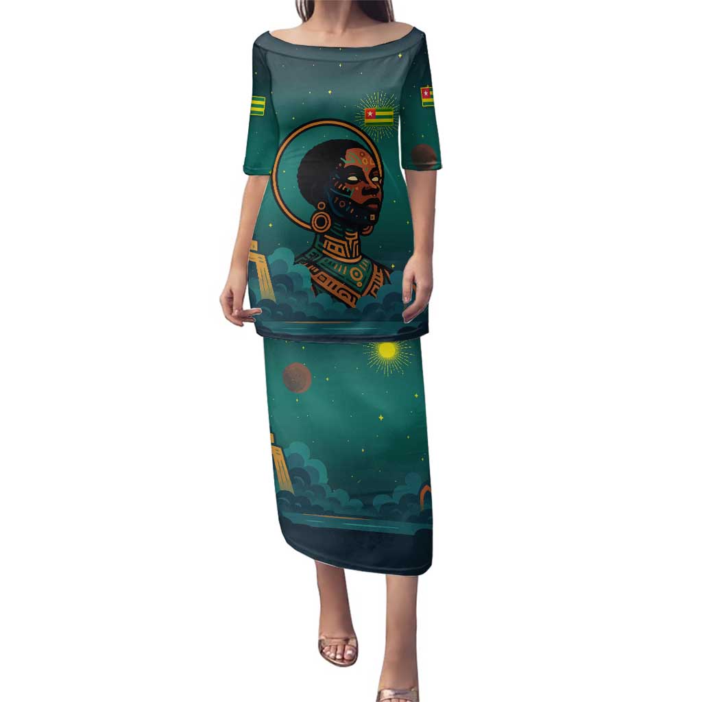 Togo Futuristic Afrocentric Woman Family Matching Puletasi and Hawaiian Shirt with Flag and Stars Design