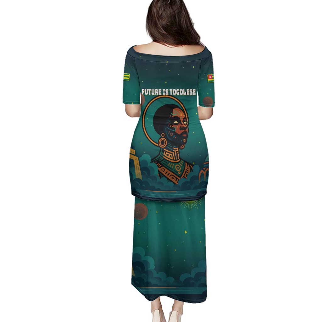 Togo Futuristic Afrocentric Woman Family Matching Puletasi and Hawaiian Shirt with Flag and Stars Design