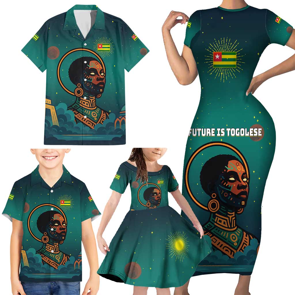 Togo Futuristic Afrocentric Woman Family Matching Short Sleeve Bodycon Dress and Hawaiian Shirt with Flag and Stars Design