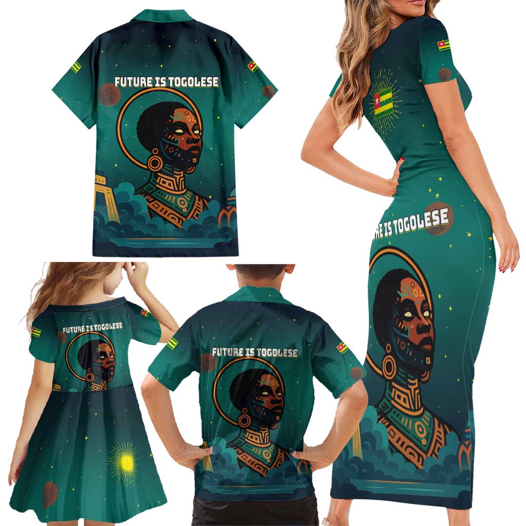 Togo Futuristic Afrocentric Woman Family Matching Short Sleeve Bodycon Dress and Hawaiian Shirt with Flag and Stars Design