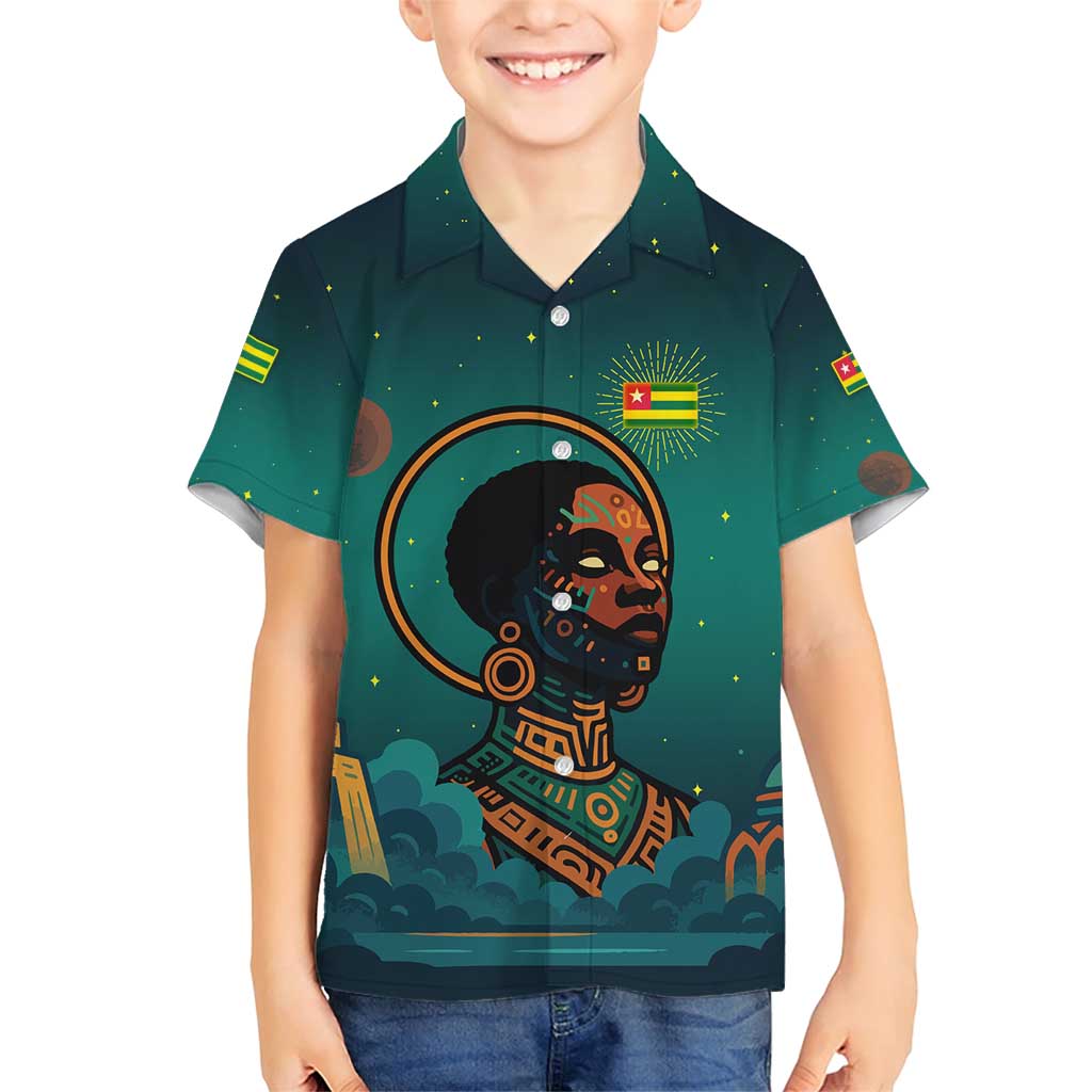 Togo Futuristic Afrocentric Woman Family Matching Short Sleeve Bodycon Dress and Hawaiian Shirt with Flag and Stars Design