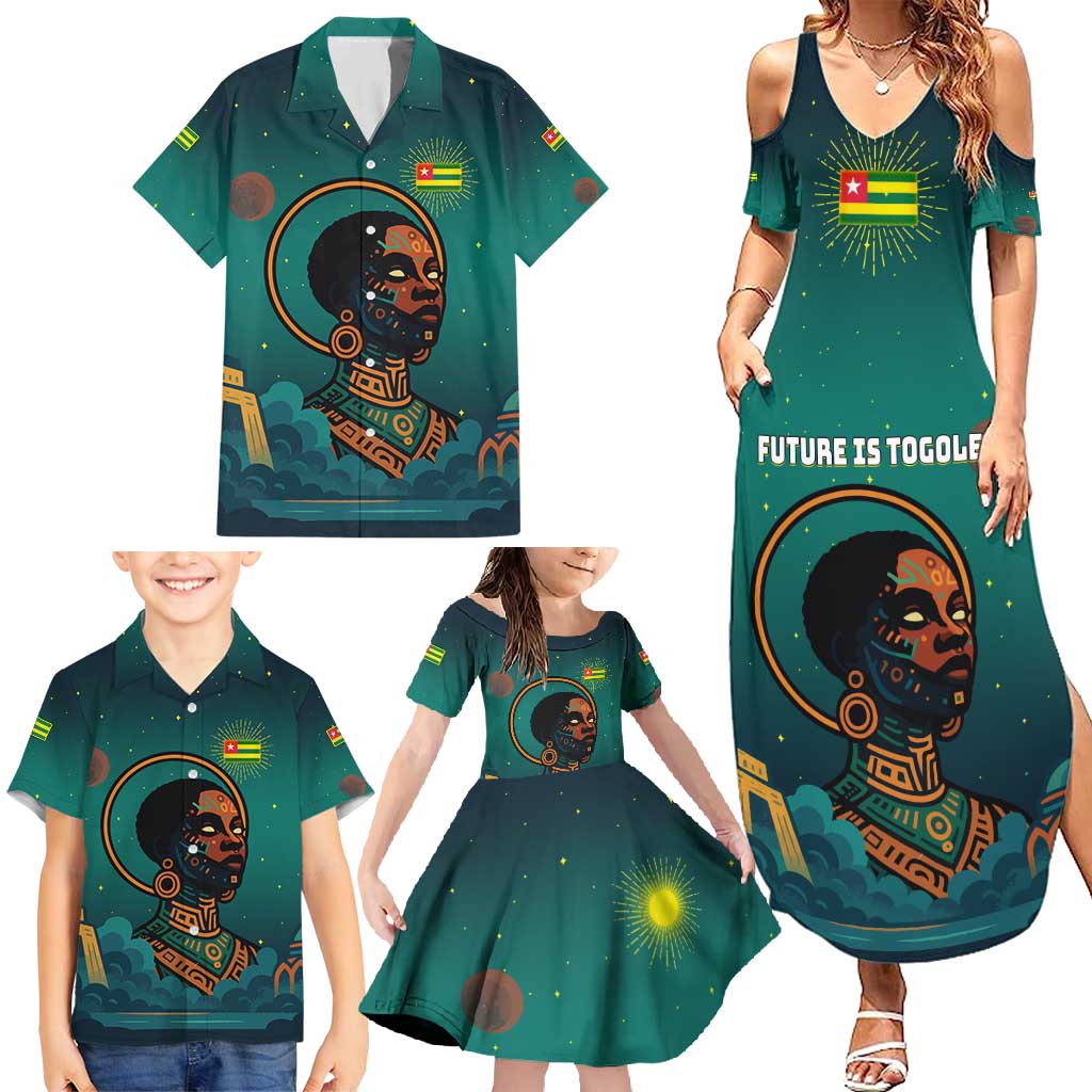 Togo Futuristic Afrocentric Woman Family Matching Summer Maxi Dress and Hawaiian Shirt with Flag and Stars Design