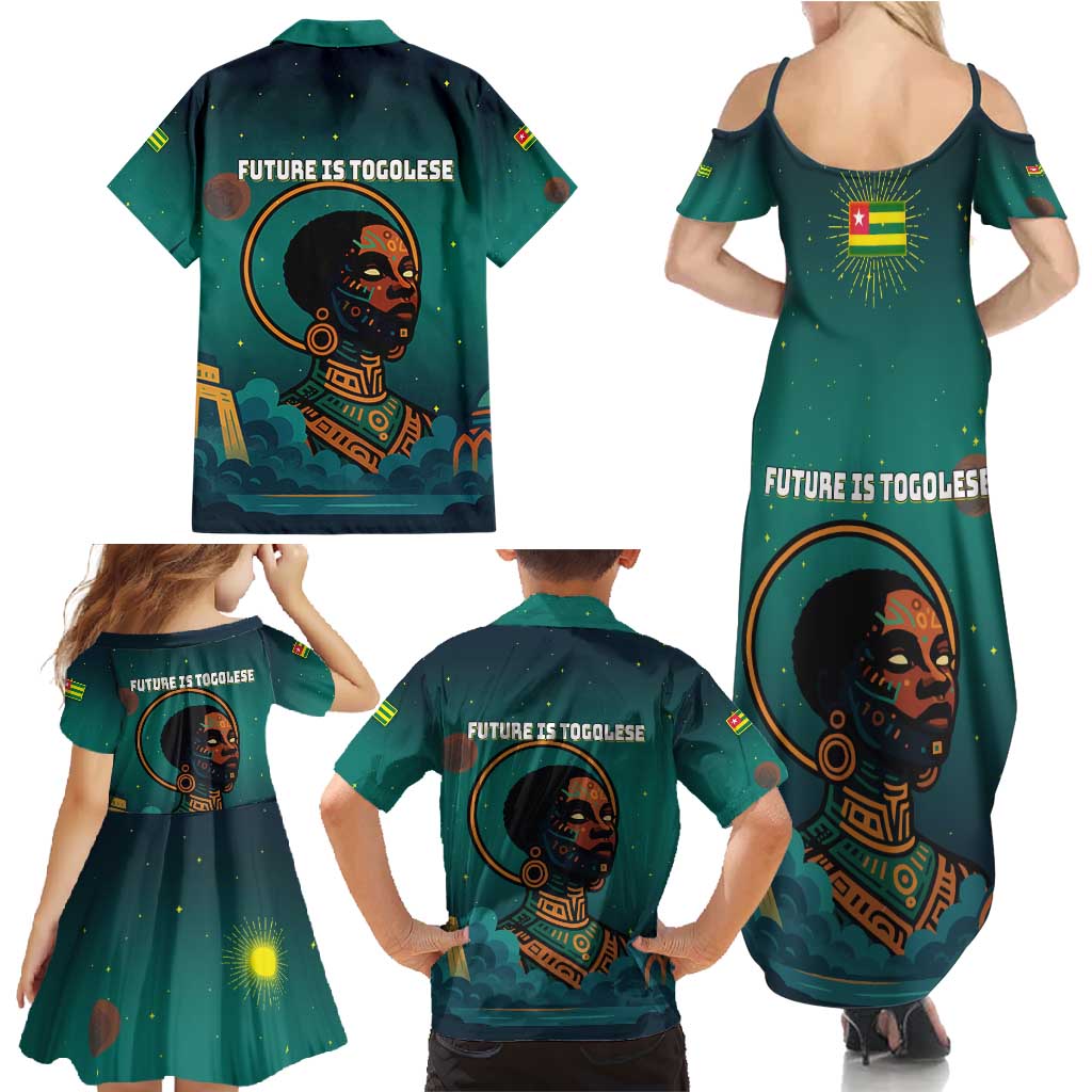 Togo Futuristic Afrocentric Woman Family Matching Summer Maxi Dress and Hawaiian Shirt with Flag and Stars Design