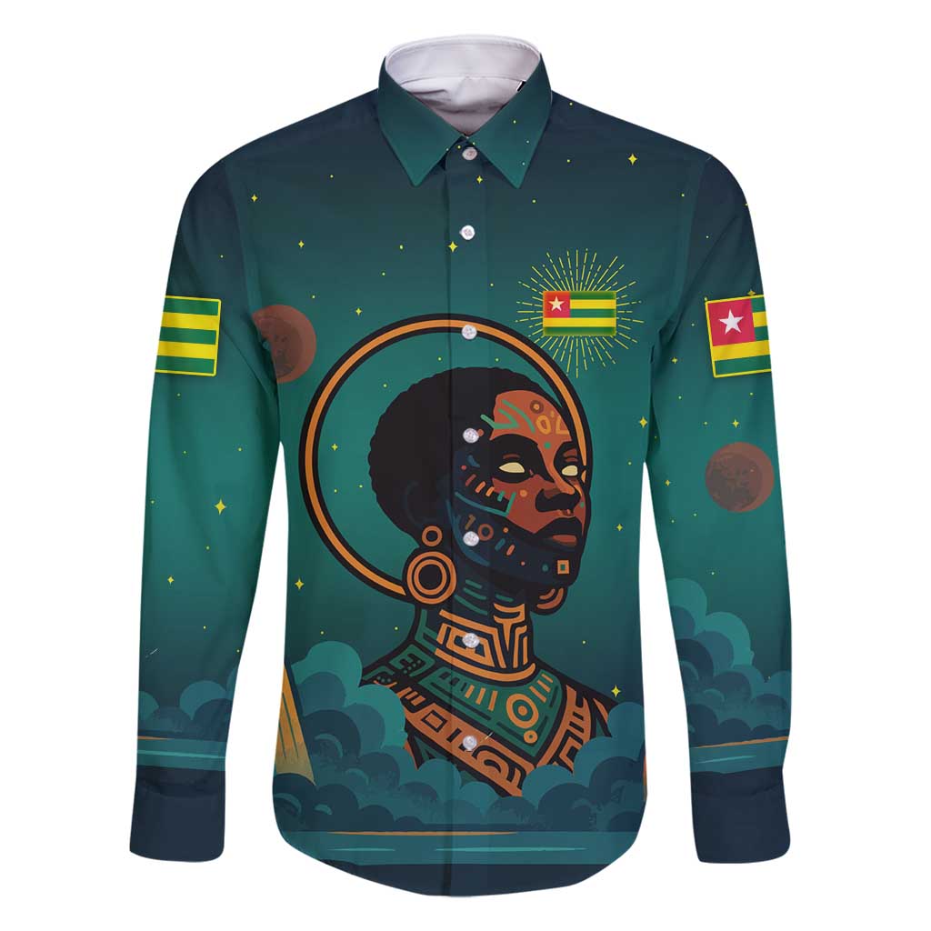 Togo Futuristic Afrocentric Woman Family Matching Summer Maxi Dress and Hawaiian Shirt with Flag and Stars Design