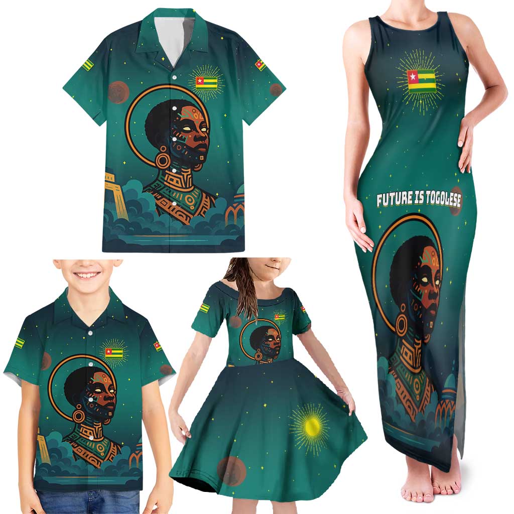 Togo Futuristic Afrocentric Woman Family Matching Tank Maxi Dress and Hawaiian Shirt with Flag and Stars Design