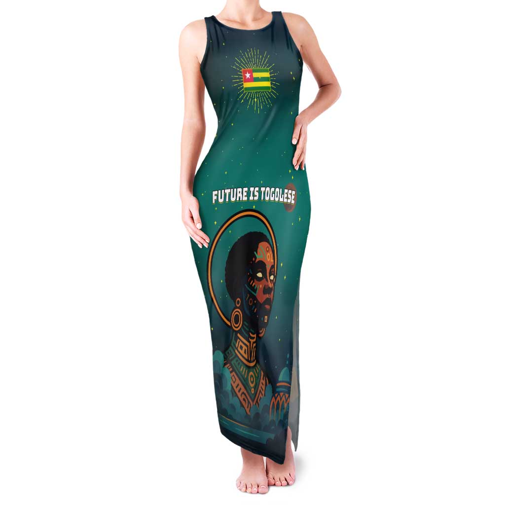 Togo Futuristic Afrocentric Woman Family Matching Tank Maxi Dress and Hawaiian Shirt with Flag and Stars Design