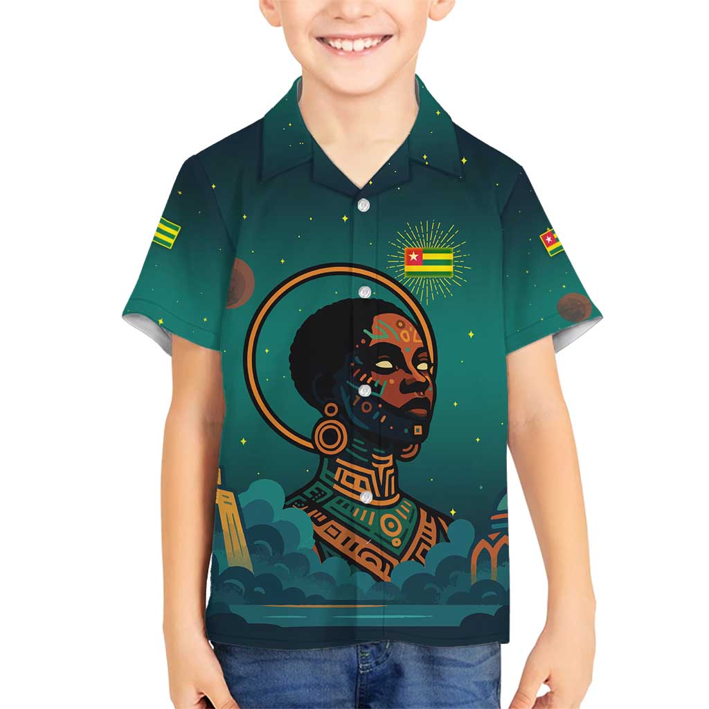 Togo Futuristic Afrocentric Woman Family Matching Tank Maxi Dress and Hawaiian Shirt with Flag and Stars Design