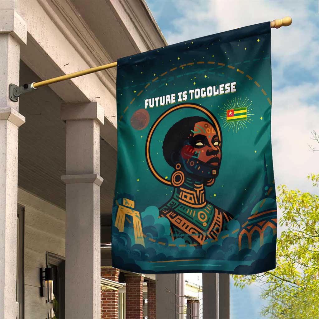 Togo Futuristic Afrocentric Woman Garden Flag with Flag and Stars Design