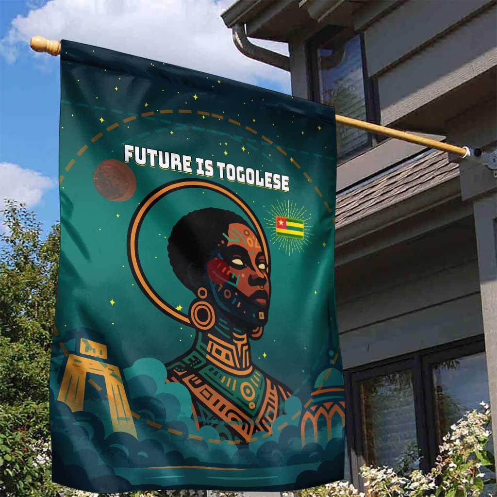 Togo Futuristic Afrocentric Woman Garden Flag with Flag and Stars Design