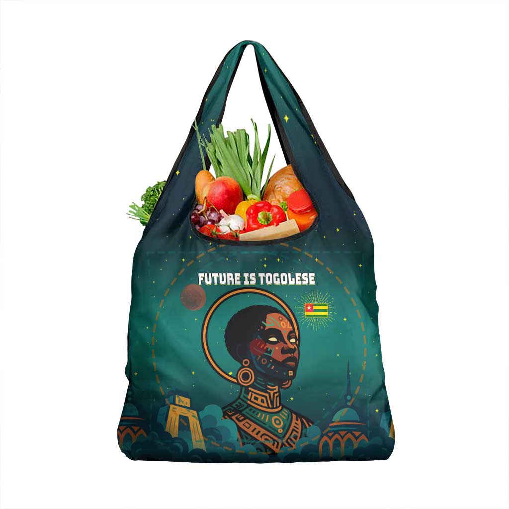 Togo Futuristic Afrocentric Woman Grocery Bag with Flag and Stars Design