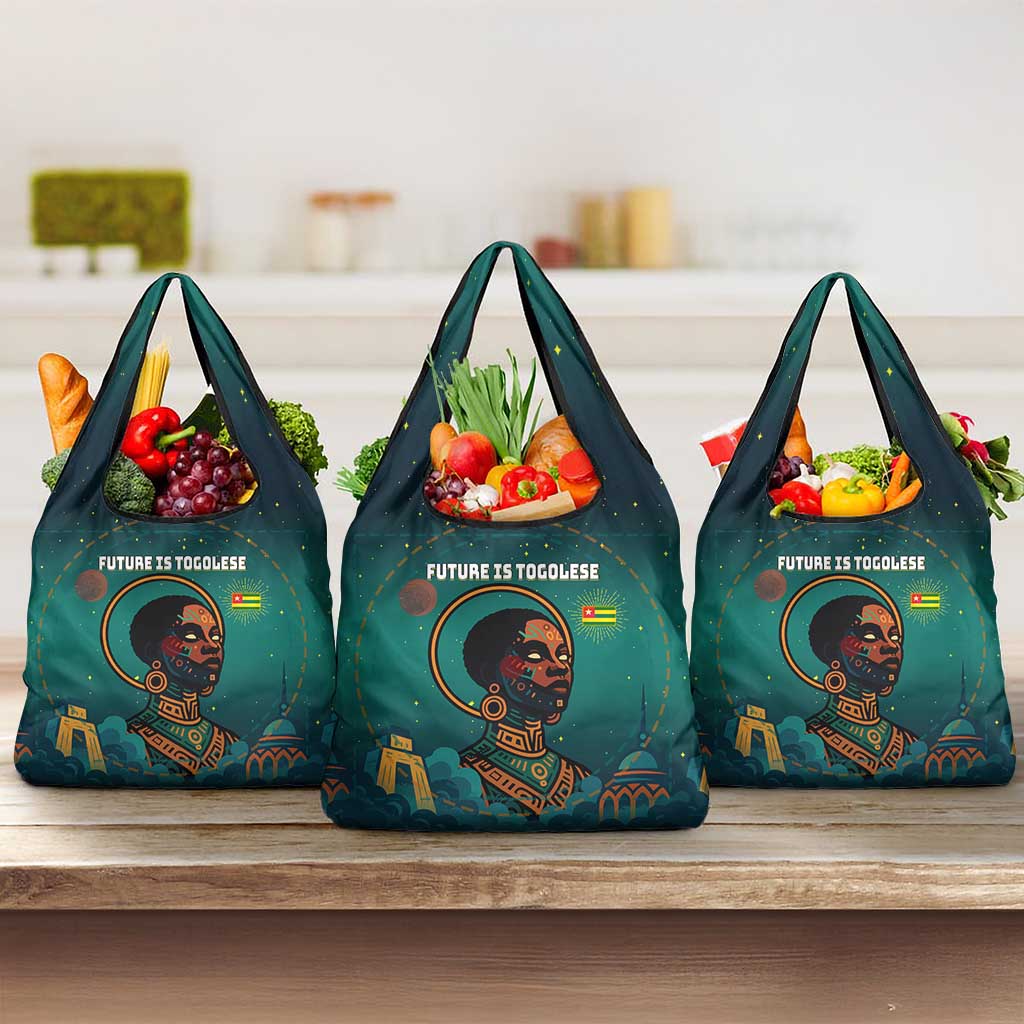 Togo Futuristic Afrocentric Woman Grocery Bag with Flag and Stars Design