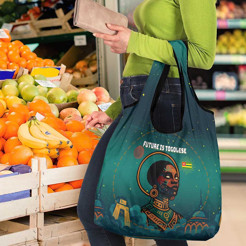Togo Futuristic Afrocentric Woman Grocery Bag with Flag and Stars Design