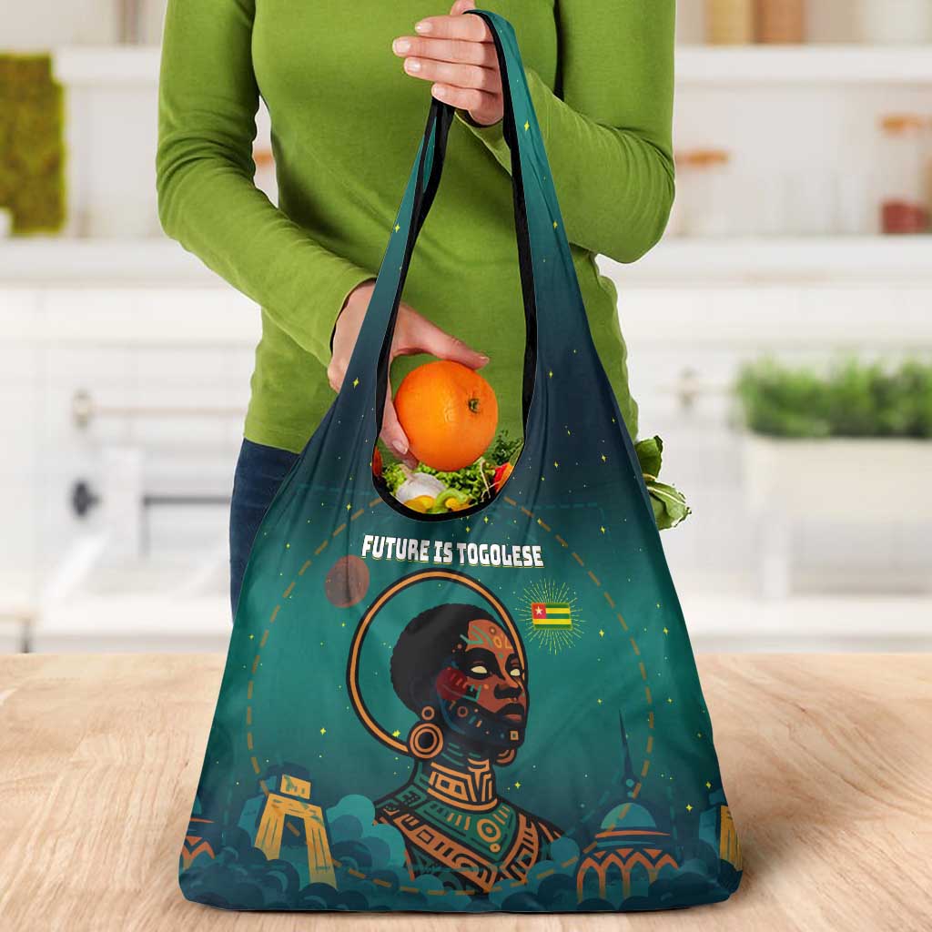 Togo Futuristic Afrocentric Woman Grocery Bag with Flag and Stars Design