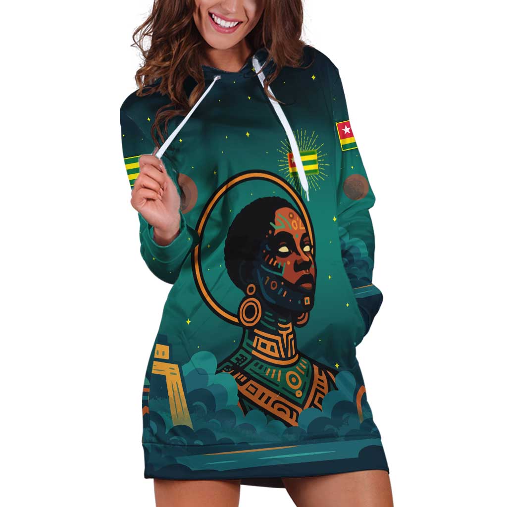 Togo Futuristic Afrocentric Woman Hoodie Dress with Flag and Stars Design