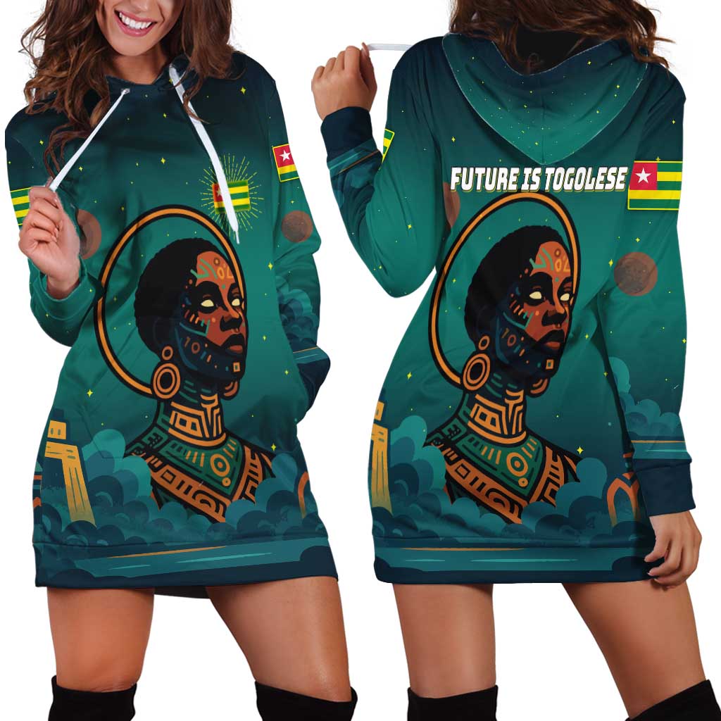 Togo Futuristic Afrocentric Woman Hoodie Dress with Flag and Stars Design