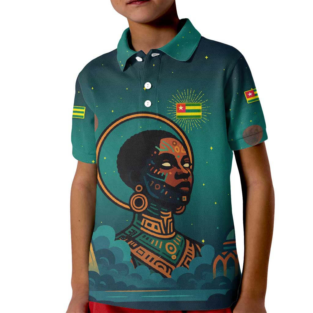 Togo Futuristic Afrocentric Woman Kid Polo Shirt with Flag and Stars Design