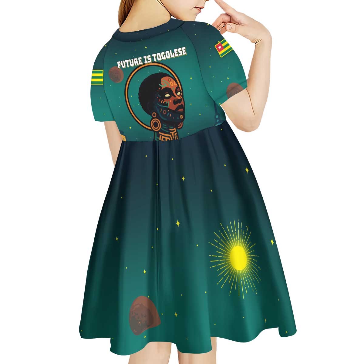 Togo Futuristic Afrocentric Woman Kid Short Sleeve Dress with Flag and Stars Design