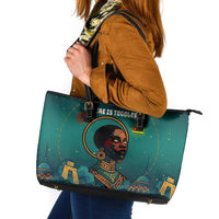 Togo Futuristic Afrocentric Woman Leather Tote Bag with Flag and Stars Design