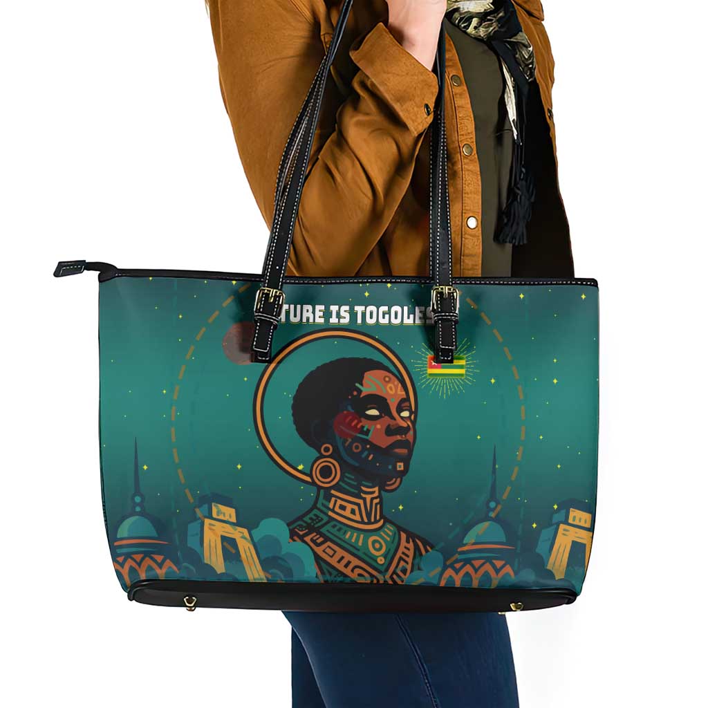 Togo Futuristic Afrocentric Woman Leather Tote Bag with Flag and Stars Design