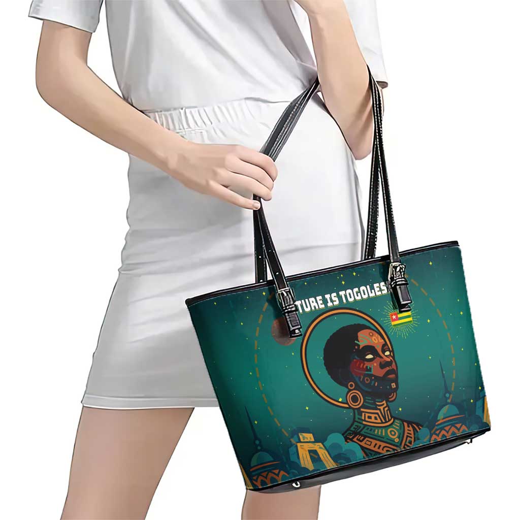 Togo Futuristic Afrocentric Woman Leather Tote Bag with Flag and Stars Design