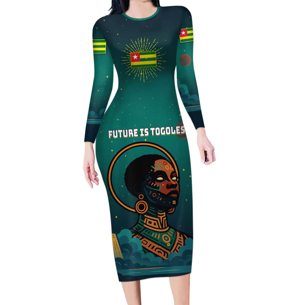 Togo Futuristic Afrocentric Woman Long Sleeve Bodycon Dress with Flag and Stars Design