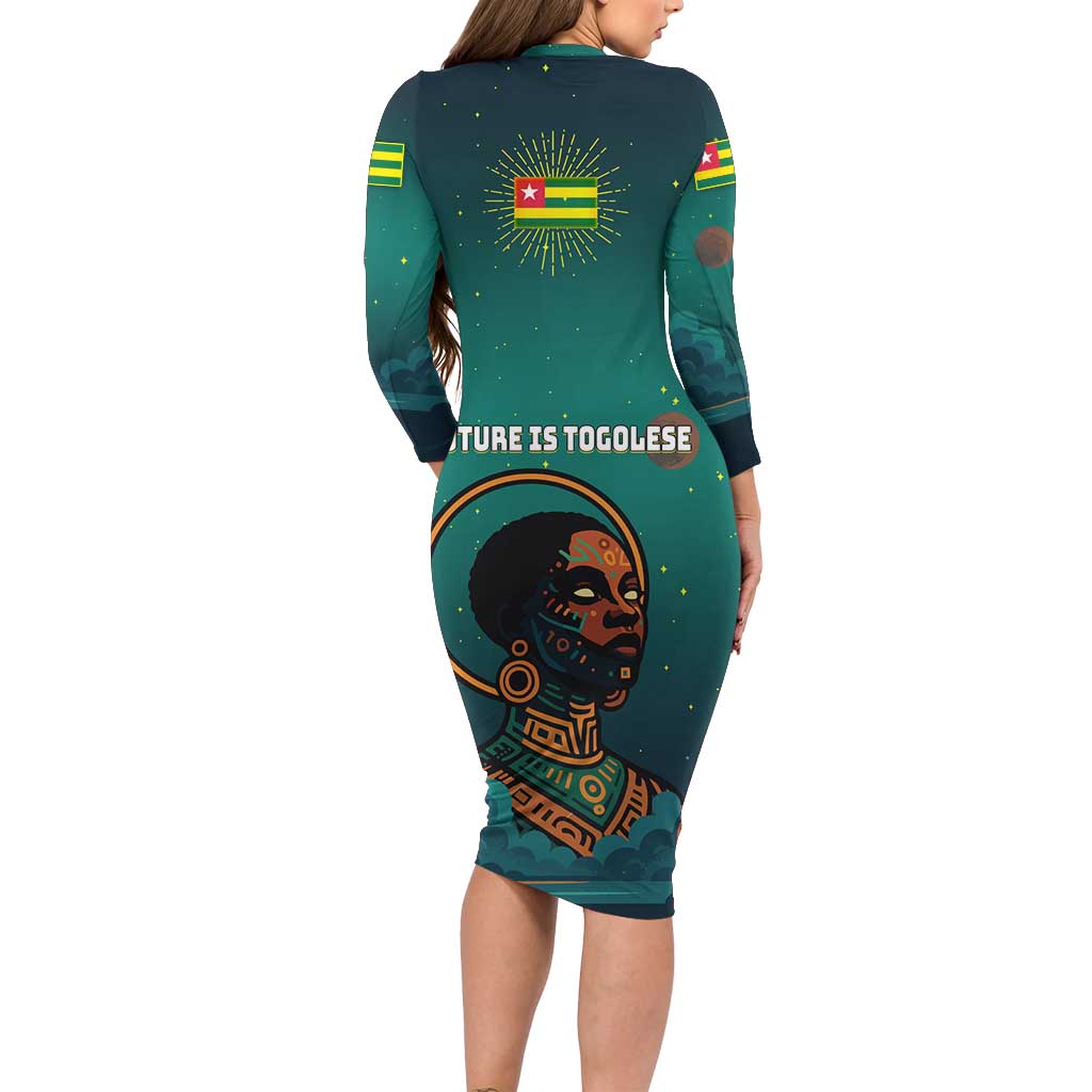 Togo Futuristic Afrocentric Woman Long Sleeve Bodycon Dress with Flag and Stars Design
