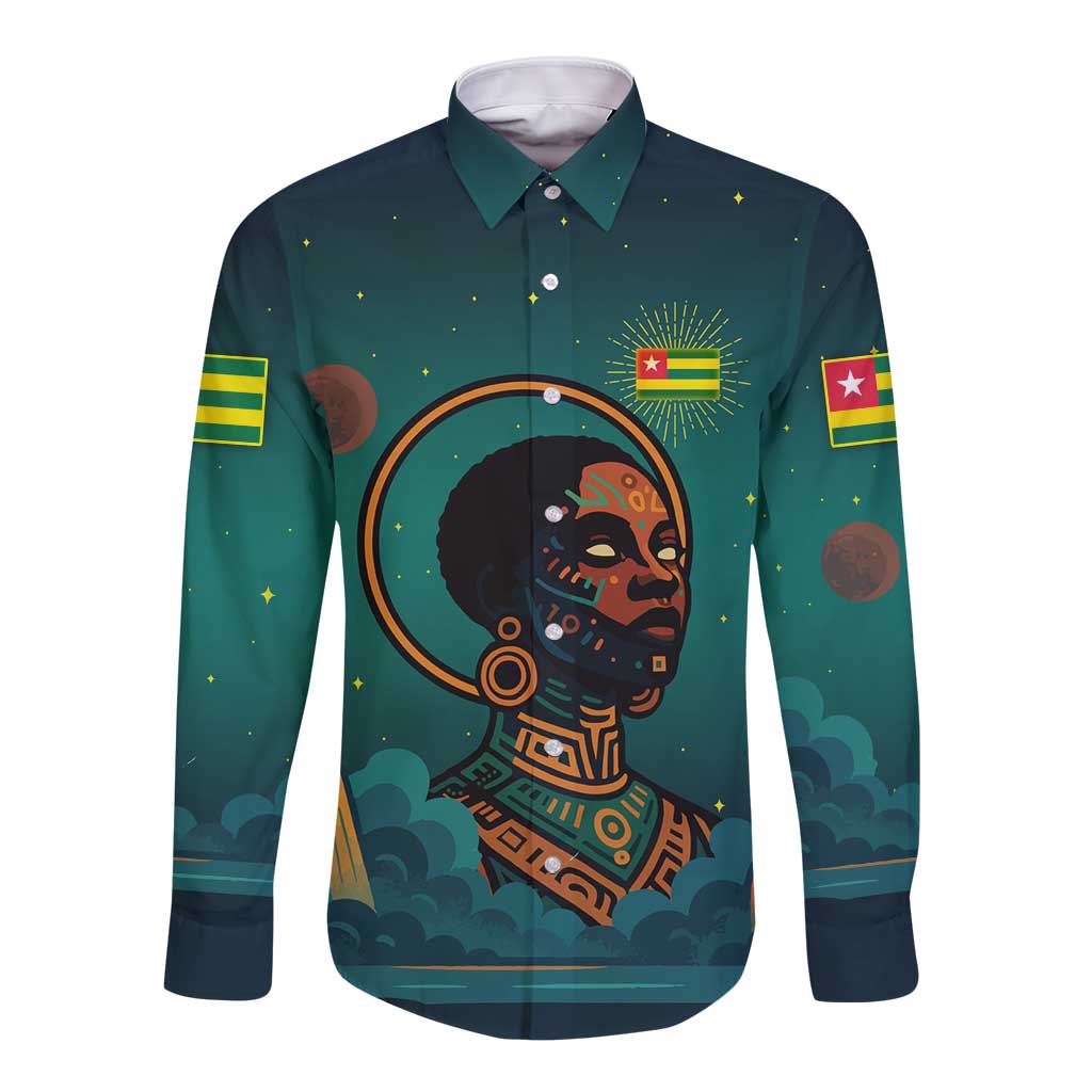 Togo Futuristic Afrocentric Woman Long Sleeve Button Shirt with Flag and Stars Design