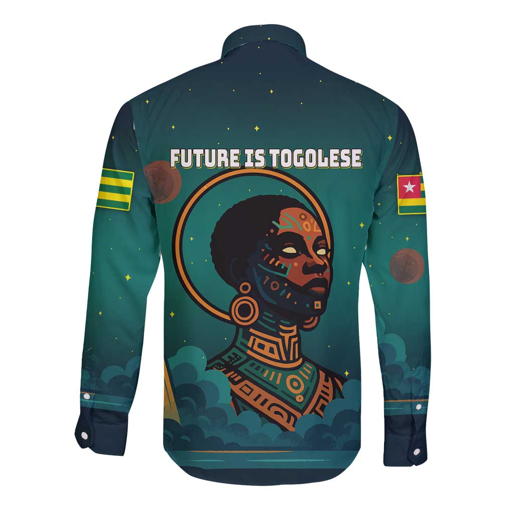 Togo Futuristic Afrocentric Woman Long Sleeve Button Shirt with Flag and Stars Design