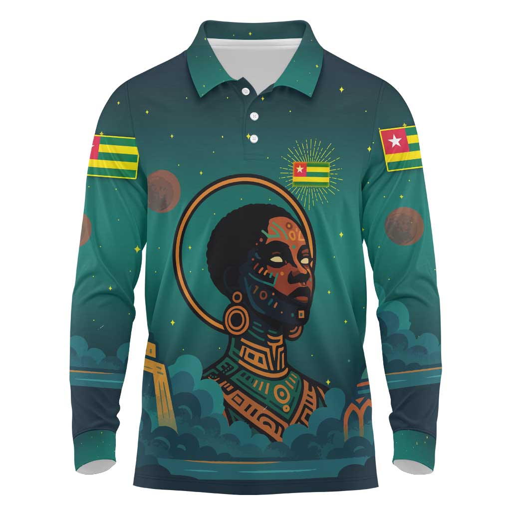 Togo Futuristic Afrocentric Woman Long Sleeve Polo Shirt with Flag and Stars Design