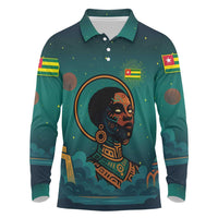 Togo Futuristic Afrocentric Woman Long Sleeve Polo Shirt with Flag and Stars Design