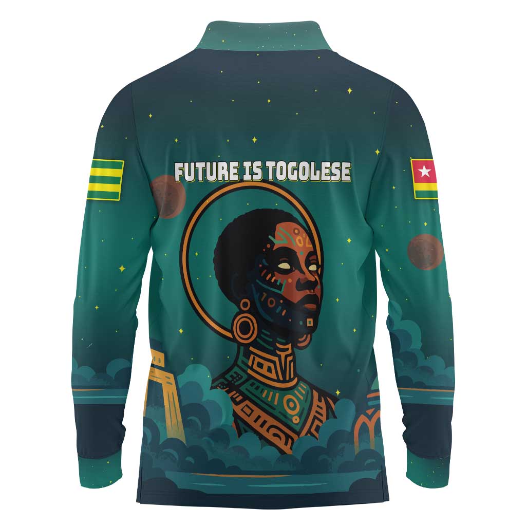 Togo Futuristic Afrocentric Woman Long Sleeve Polo Shirt with Flag and Stars Design