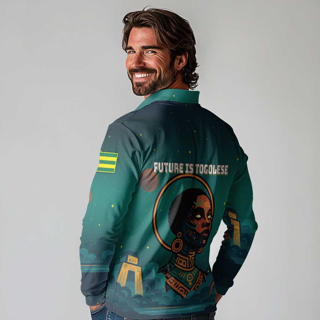 Togo Futuristic Afrocentric Woman Long Sleeve Polo Shirt with Flag and Stars Design