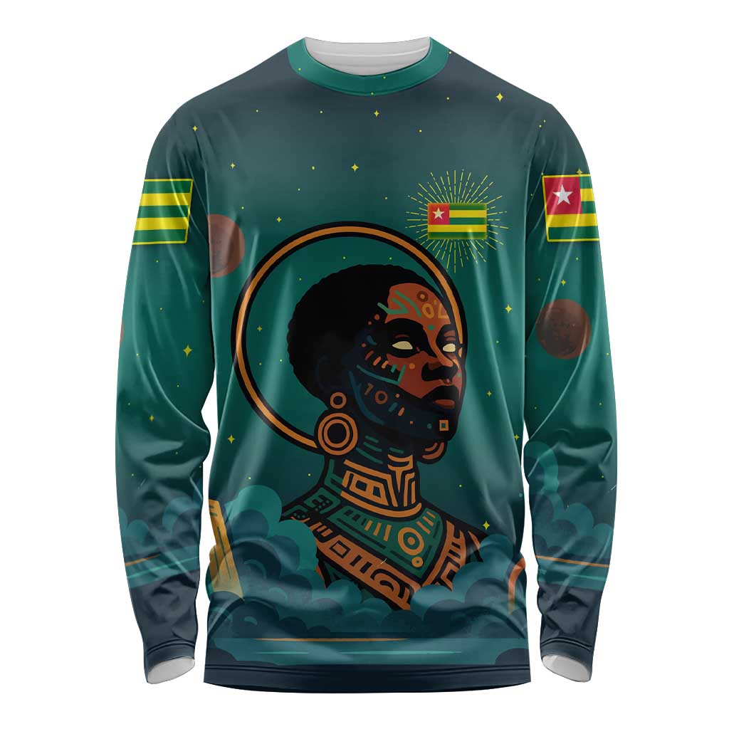 Togo Futuristic Afrocentric Woman Long Sleeve Shirt with Flag and Stars Design