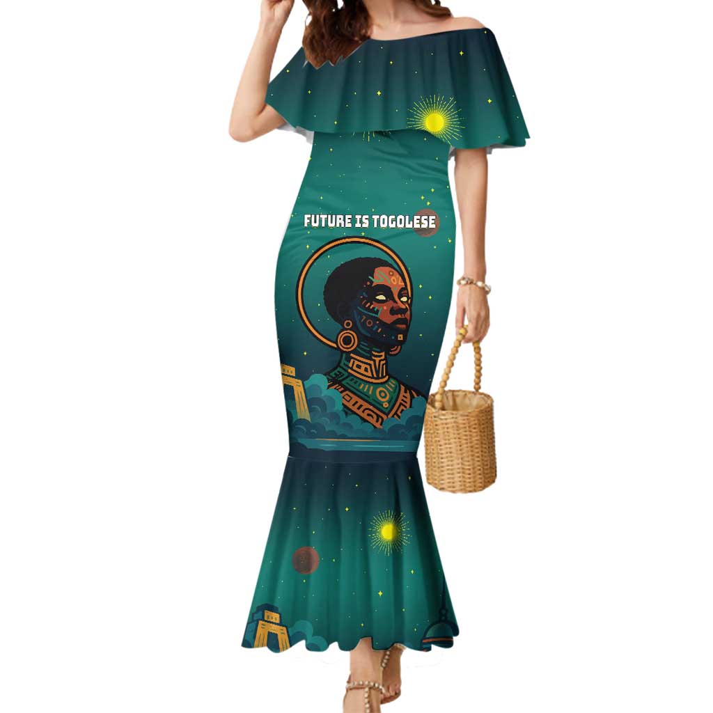 Togo Futuristic Afrocentric Woman Mermaid Dress with Flag and Stars Design