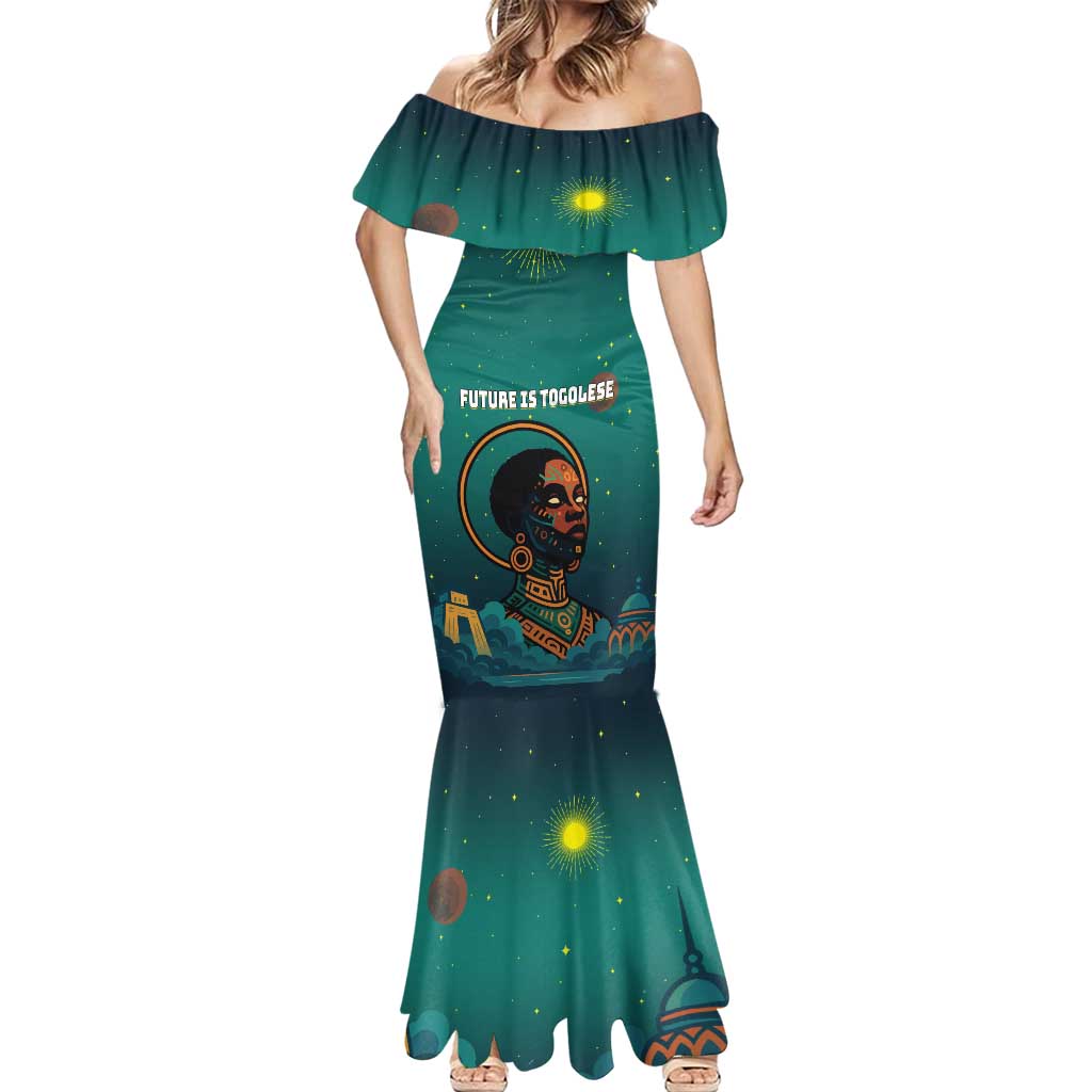 Togo Futuristic Afrocentric Woman Mermaid Dress with Flag and Stars Design