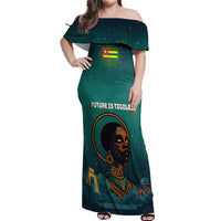 Togo Futuristic Afrocentric Woman Off Shoulder Maxi Dress with Flag and Stars Design