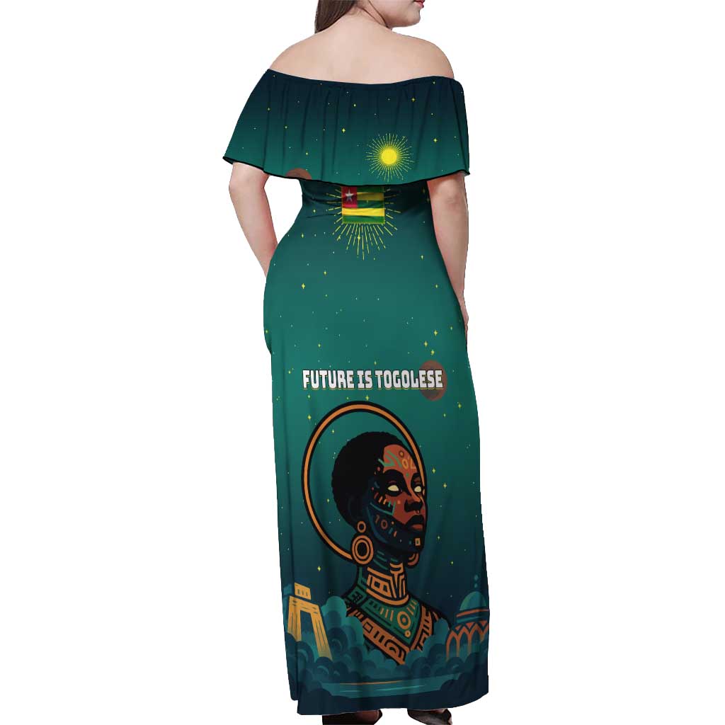 Togo Futuristic Afrocentric Woman Off Shoulder Maxi Dress with Flag and Stars Design