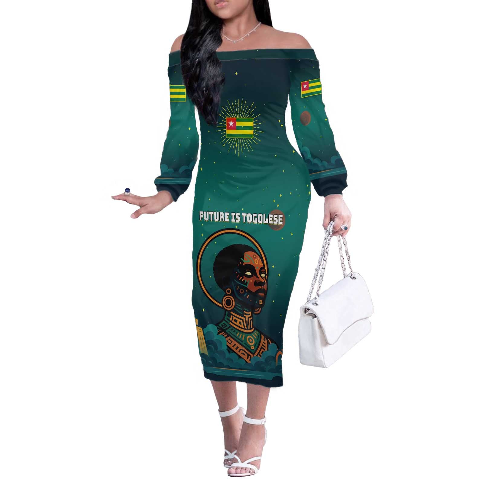 Togo Futuristic Afrocentric Woman Off The Shoulder Long Sleeve Dress with Flag and Stars Design