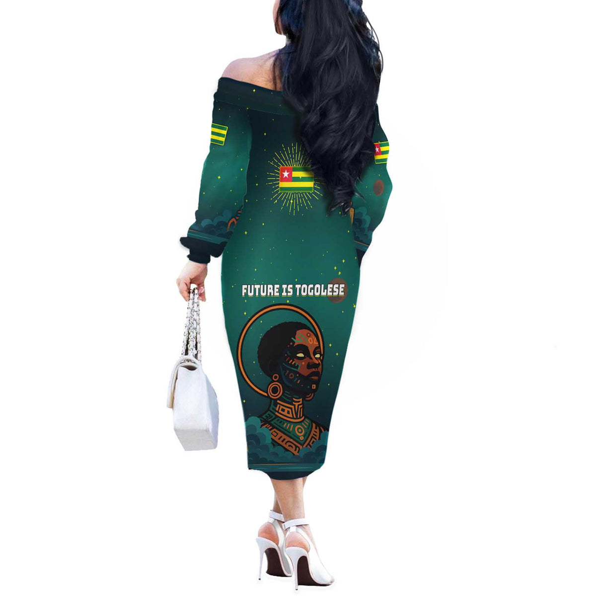 Togo Futuristic Afrocentric Woman Off The Shoulder Long Sleeve Dress with Flag and Stars Design