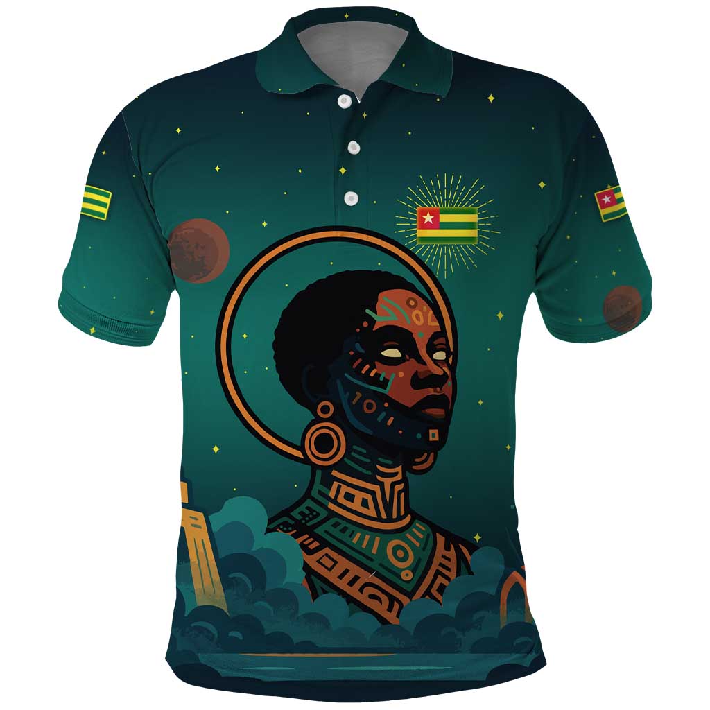 Togo Futuristic Afrocentric Woman Polo Shirt with Flag and Stars Design